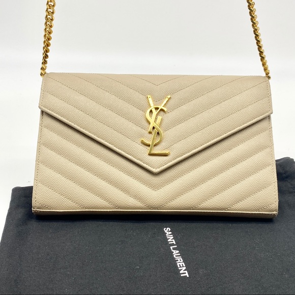 SAINT LAURENT Grain De Poudre Matelasse Chevron Monogram Crossbody Bag Nude - Picture 1 of 10